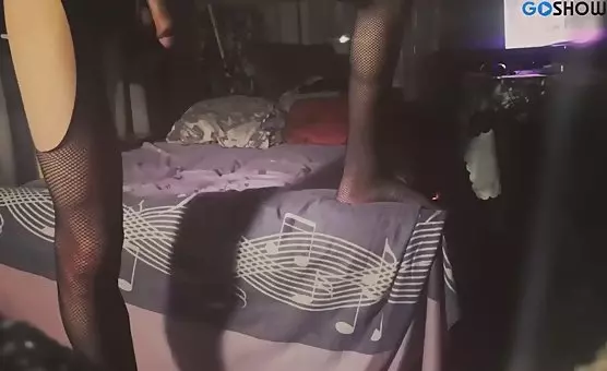 Crossdressing Transgender Exposes Crotch and Playfully Fucks Dildo